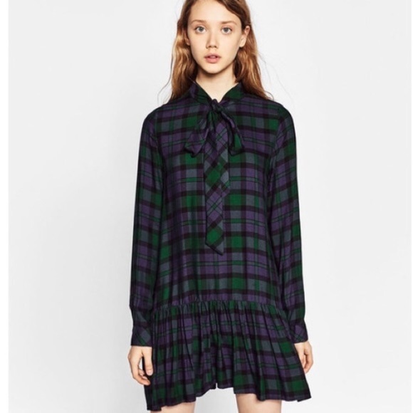 Zara Dresses & Skirts - Zara Bow Tie Neck Tartan Drop Waist Dress Size XS